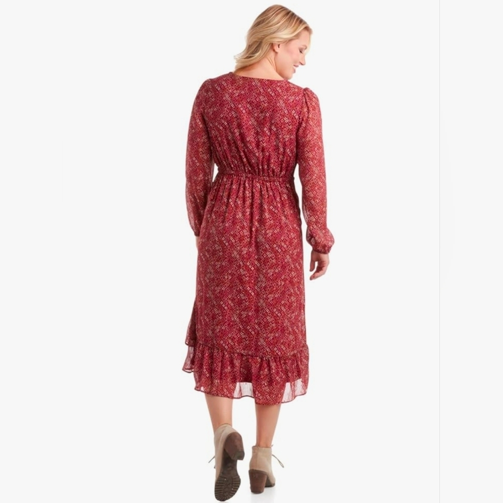 Lucky Brand Red Printed V-Neck Midi Dress - Picture 4 of 5